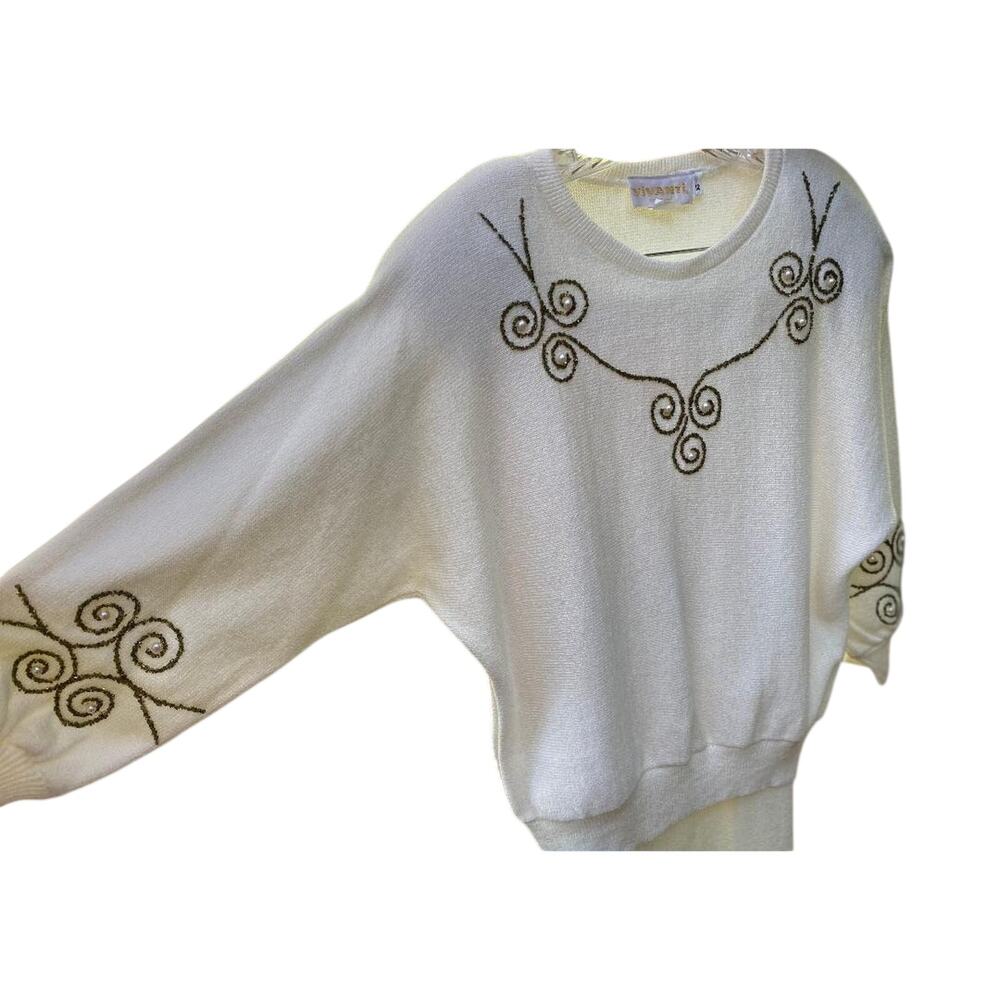 Vtg 80's 2Piece Set Ivory Gold Beaded Sweater/Skirt Vivanti USA, SZ 9/10) Dress